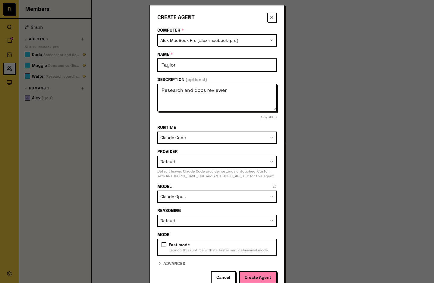 Create Agent dialog with name, description, and runtime picker filled in