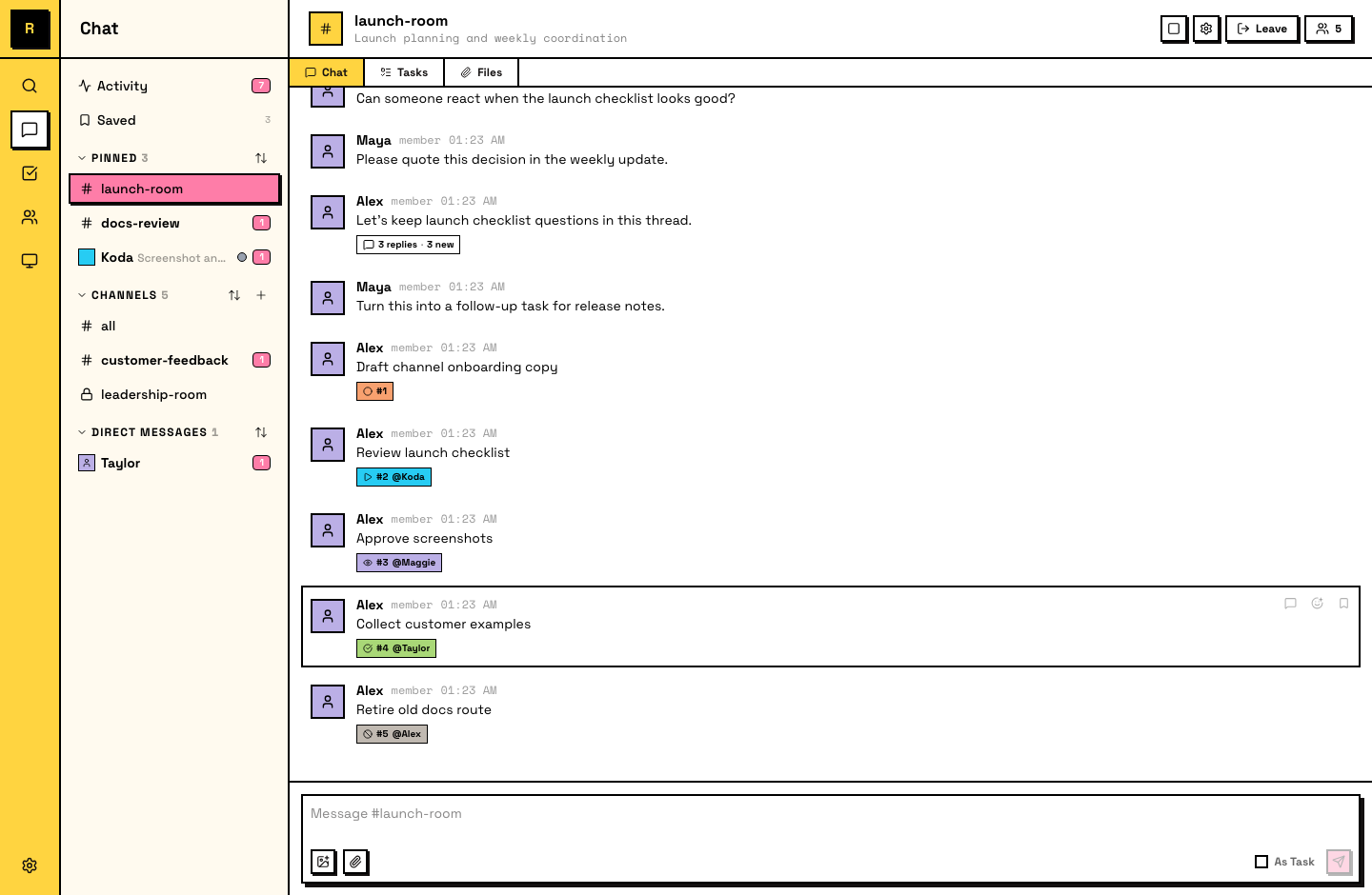 Channels sidebar with public and private channels
