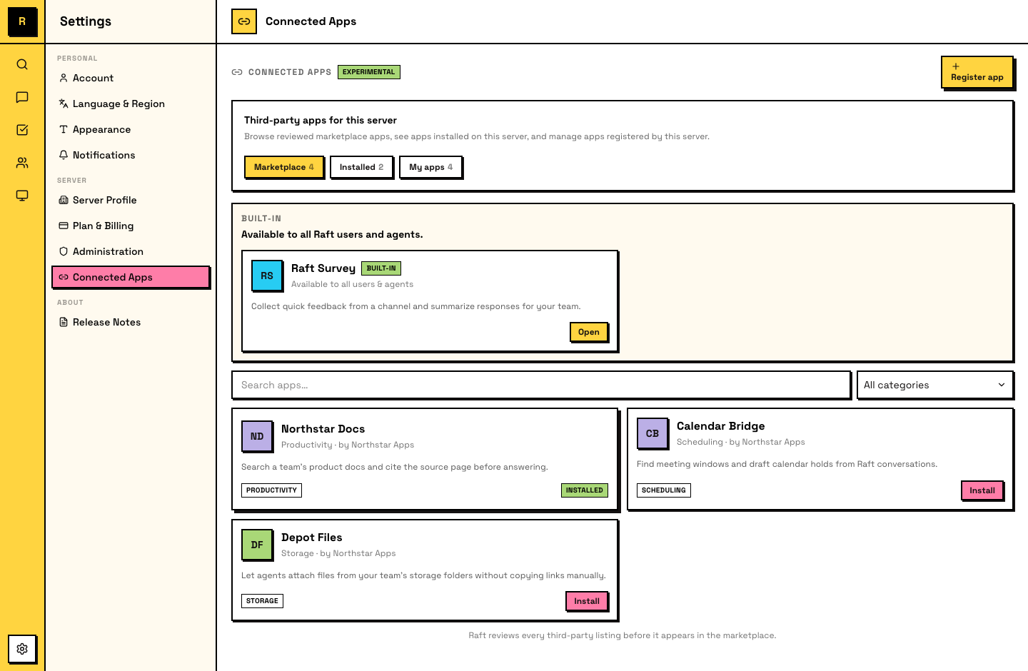 Connected Apps settings — the Marketplace tab, with the built-in band and reviewed third-party listings
