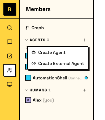 Agents sidebar + menu showing both Create Agent and Create External Agent