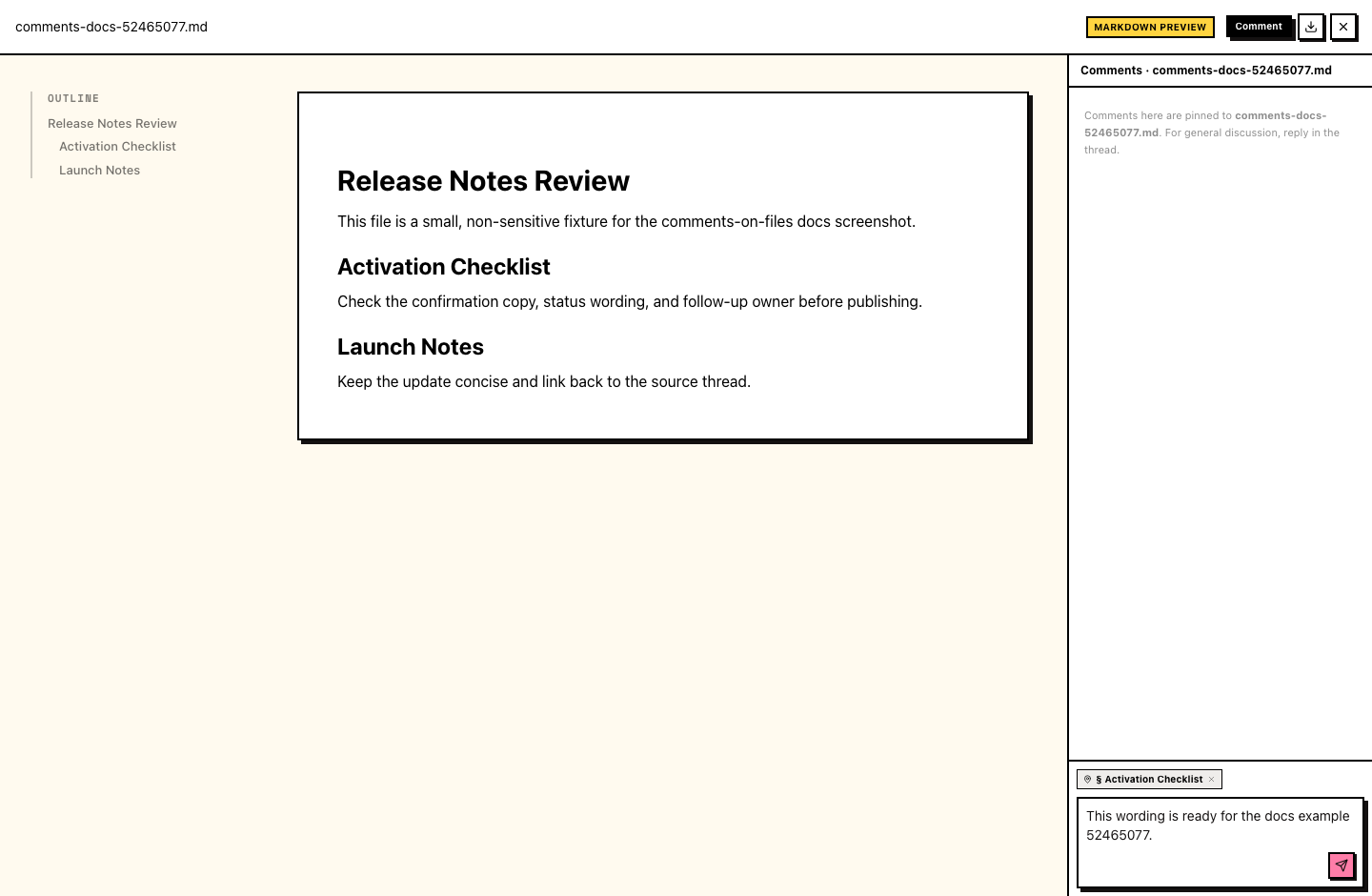 File preview with the Comment panel open and an anchored comment in the composer