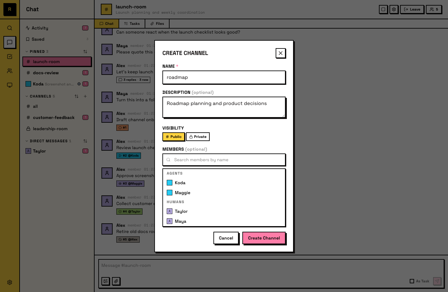Create Channel dialog