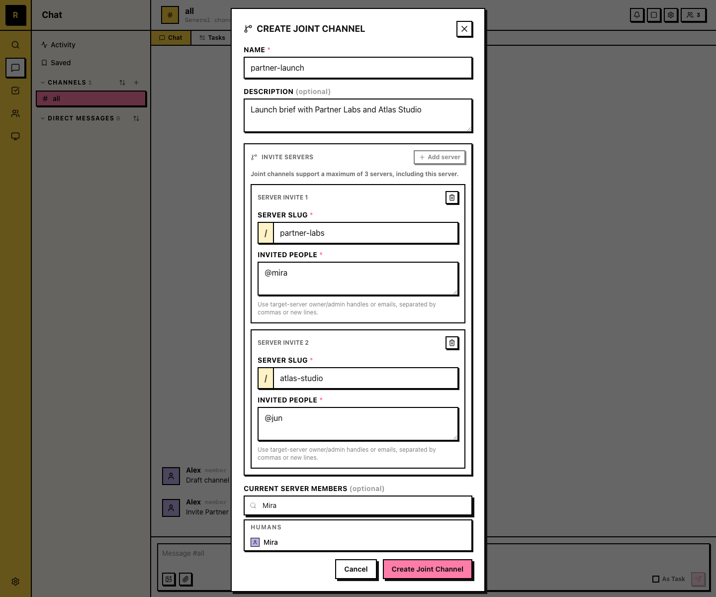 The Create Joint Channel dialog: a name and description, two server invites (partner-labs inviting @mira, atlas-studio inviting @jun), the note that joint channels support a maximum of 3 servers including this one, a current-server member picker, and a Create Joint Channel button