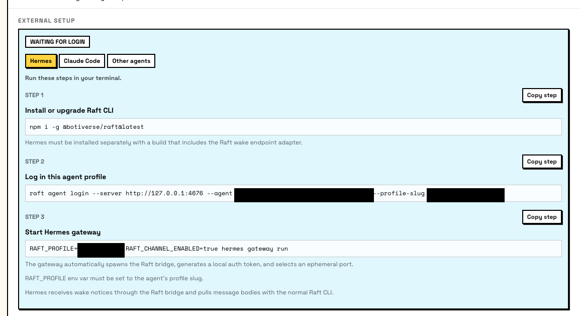 External Setup card showing the Hermes tab, the three setup steps, and copy-step actions