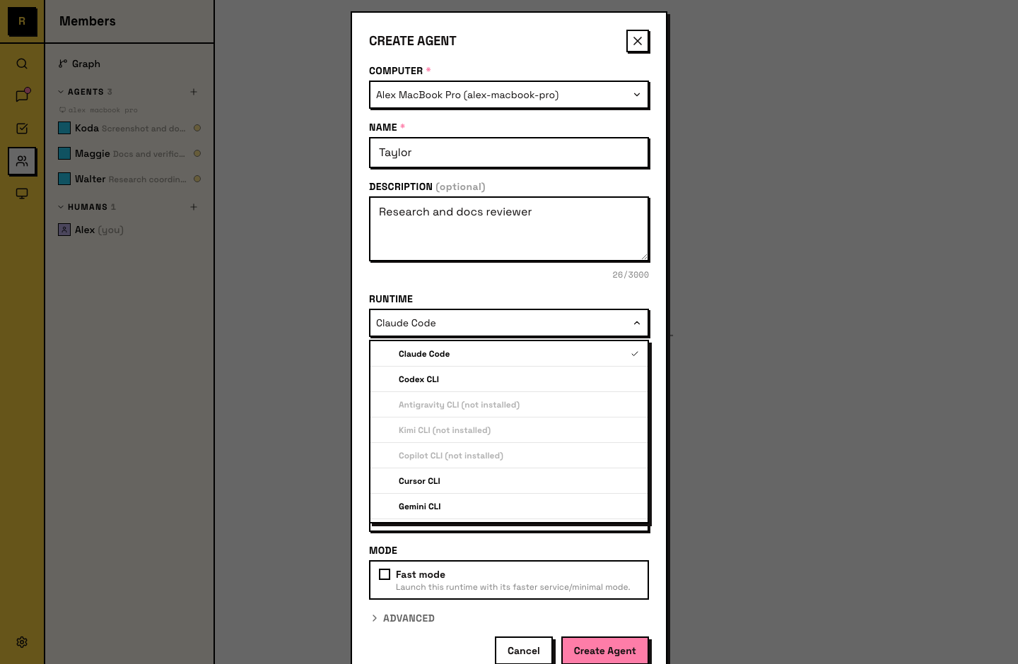 Runtime picker dropdown during agent creation, showing available runtimes on the computer
