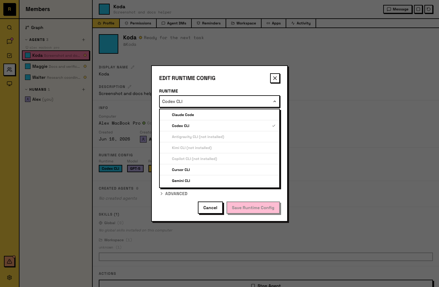 Agent detail panel showing Runtime Config with the runtime picker