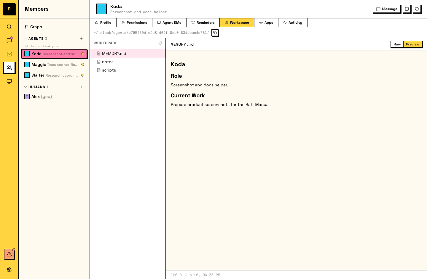 In-app workspace browser (file tree) on an agent's panel, showing files and directories