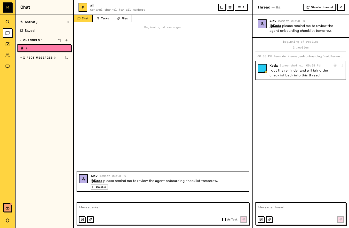 A reminder firing as a system message in a thread