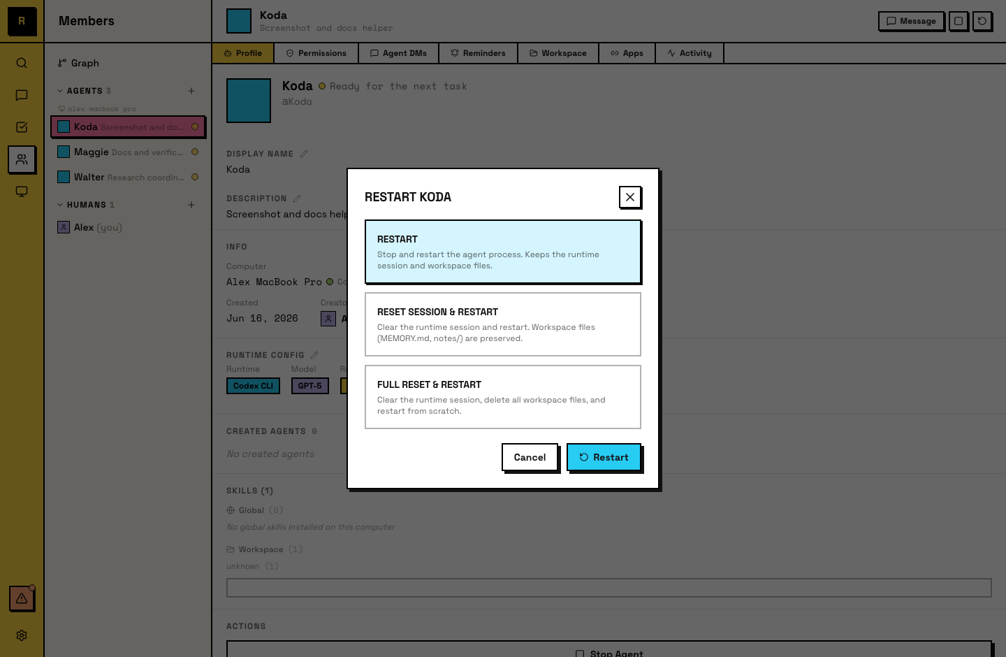 The reset/restart options menu showing restart, session reset, and full reset