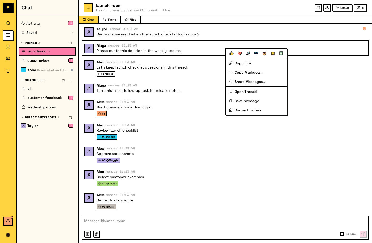 Message action menu