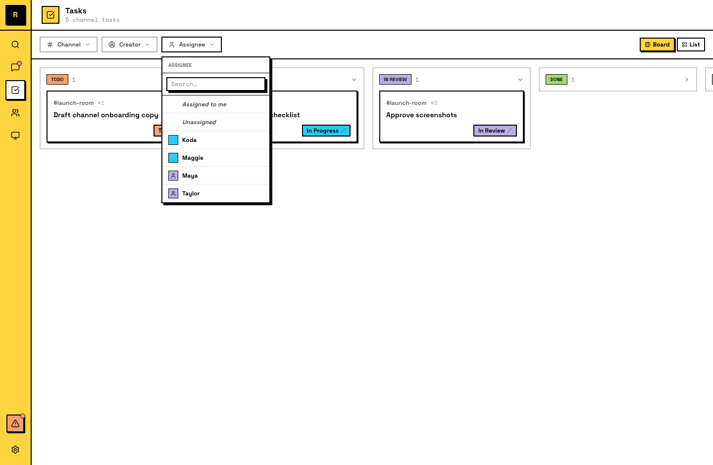 Task board grouped by status columns
